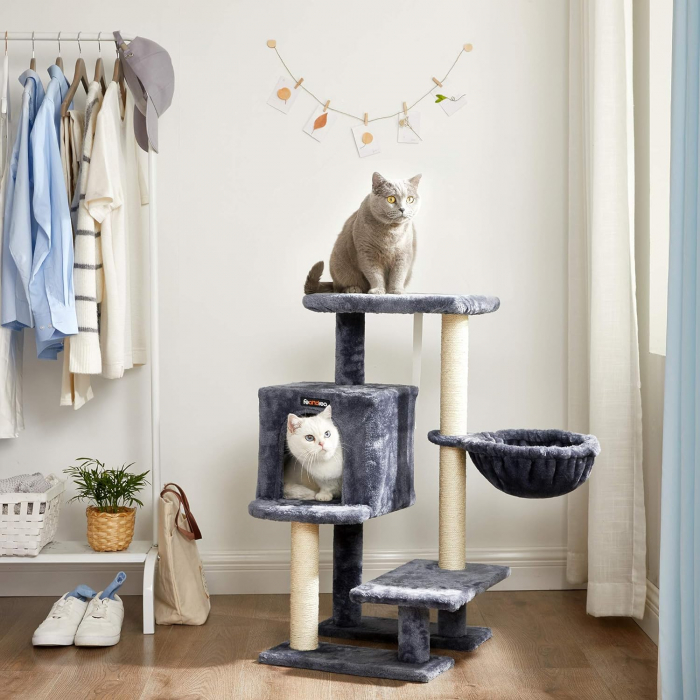 Ansamblu de joaca pentru pisici cu pestera , hamac si 2 platforme , din plus si sisal , inaltime 84 cm , gri inchis [2]