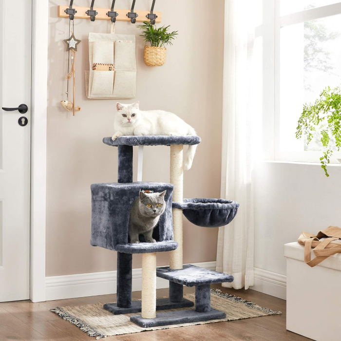 Ansamblu de joaca pentru pisici cu pestera , hamac si 2 platforme , din plus si sisal , inaltime 84 cm , gri inchis [3]