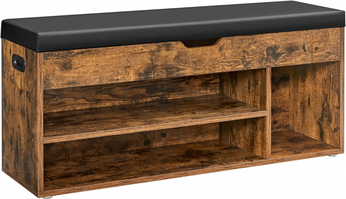 Banca cu spatiu de depozitare , rafturi pentru pantofi , sezut captusit cu spuma  , sustine pana la 150 kg , 30 x 100 x 44 cm , maro vintage [4]