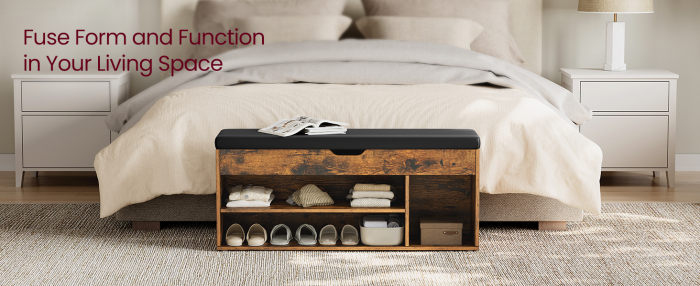 Banca cu spatiu de depozitare , rafturi pentru pantofi , sezut captusit cu spuma  , sustine pana la 150 kg , 30 x 100 x 44 cm , maro vintage [3]