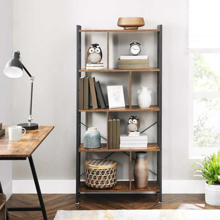 Biblioteca cu cadru metalic , 4 polite , 74 x 30 x 154,5 cm , MDF , maro vintage [2]