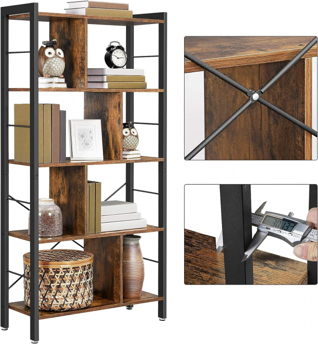 Biblioteca cu cadru metalic , 4 polite , 74 x 30 x 154,5 cm , MDF , maro vintage [7]