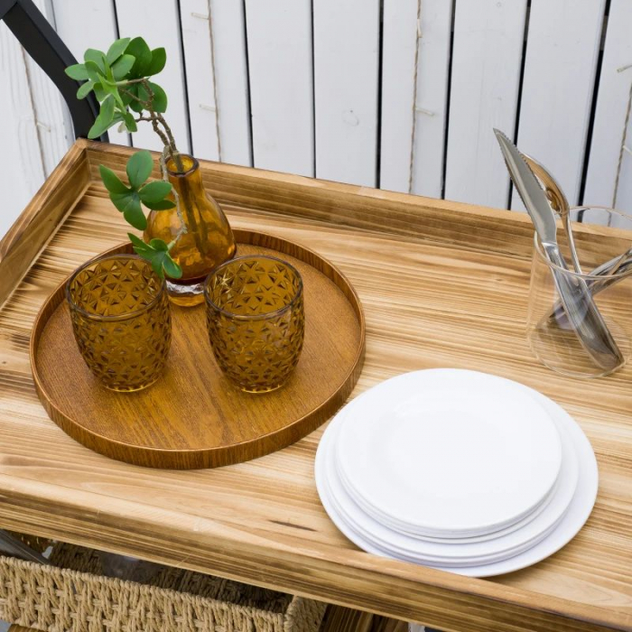 Carucior de servire pentru exterior , cadru metalic pe 3 niveluri , polite din lemn masiv , 79 x 50 x 90 cm , negru/natur [2]