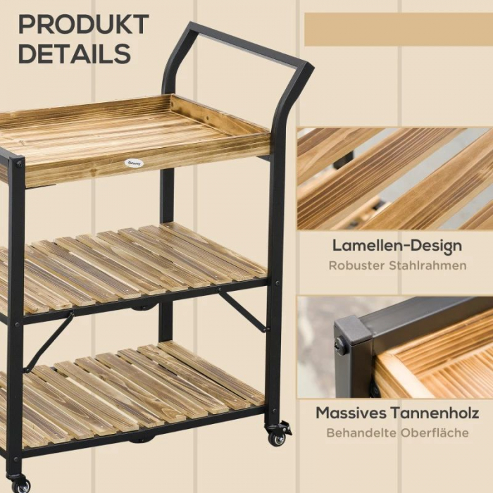 Carucior de servire pentru exterior , cadru metalic pe 3 niveluri , polite din lemn masiv , 79 x 50 x 90 cm , negru/natur [5]