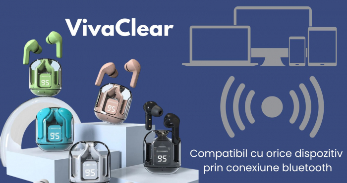 Casti wireless bluetooth, VivaClear , Audio , Fara fir, Afisaj Digital, Bluetooth 5.3, Rezistente la apa , Microfon dual cu ENC – Anularea zgomotului exterior, USB-C, control touch, compatibilitate un [6]