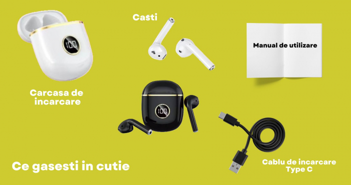 Căști Wireless In-Ear, Audio fara fir , Tehnologie Anulare Zgomot Exterior, HiFi Sound, Rezistente la Apă IPX-4, Gaming și Sport , Bluetooth 5.0, Autonomie 120 Ore [6]