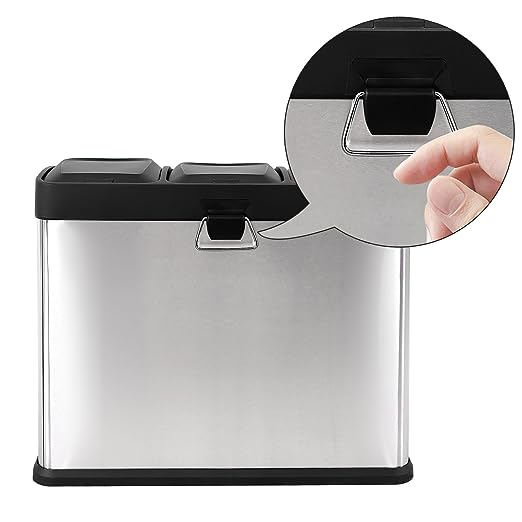 Coș de gunoi metalic 3 x 15L, cu pedala, pentru separarea deșeurilor și reciclare, 59.3 x 30.2 x 46.7 cm,  otel, argintiu [4]