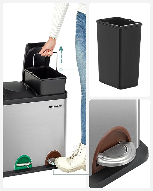 Coș de gunoi metalic 3 x 15L, cu pedala, pentru separarea deșeurilor și reciclare, 59.3 x 30.2 x 46.7 cm,  otel, argintiu [5]