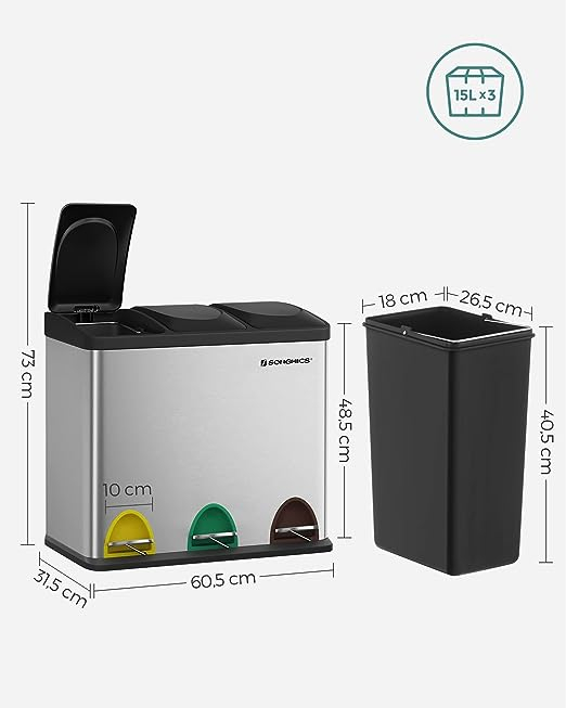 Coș de gunoi metalic 3 x 15L, cu pedala, pentru separarea deșeurilor și reciclare, 59.3 x 30.2 x 46.7 cm,  otel, argintiu [3]