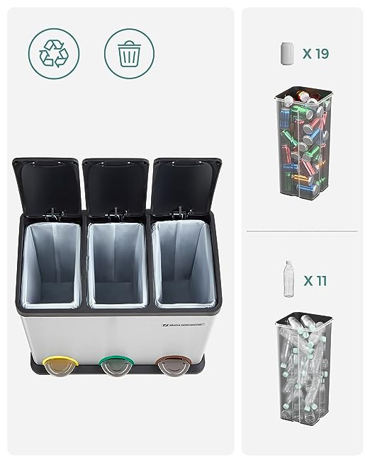 Coș de gunoi metalic 3 x 15L, cu pedala, pentru separarea deșeurilor și reciclare, 59.3 x 30.2 x 46.7 cm,  otel, argintiu [6]