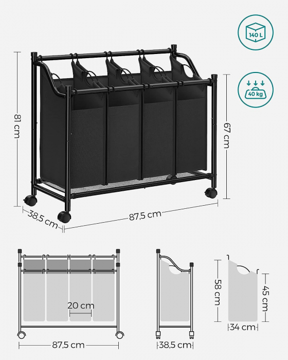 Cos de rufe cu 4 compartimente detasabile , portabil cu 4 roti , 4 x 35 L , negru [4]