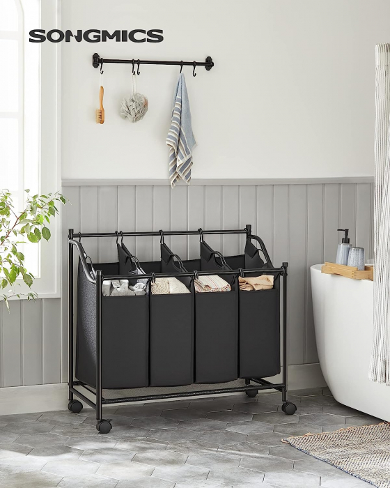 Cos de rufe cu 4 compartimente detasabile , portabil cu 4 roti , 4 x 35 L , negru [2]