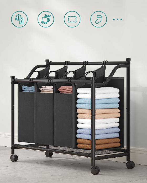 Cos de rufe cu 4 compartimente detasabile , portabil cu 4 roti , 4 x 35 L , negru [5]