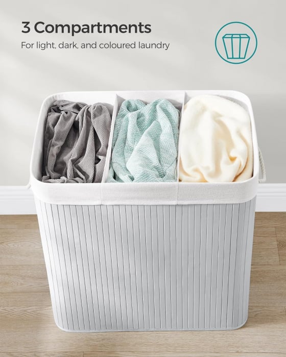 Cos de rufe pliabil din bambus , 3 sectiuni , capacitate 150 L , cu capac si manere laterale , 60 x 40 x 61,5 cm  , gri [8]