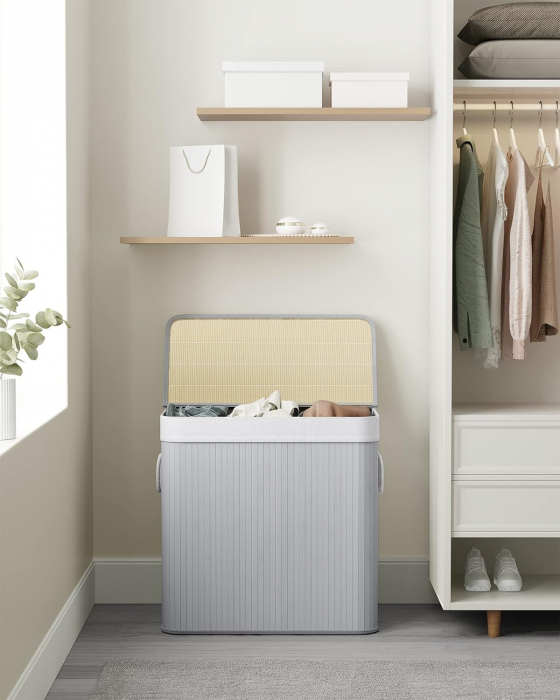 Cos de rufe pliabil din bambus , 3 sectiuni , capacitate 150 L , cu capac si manere laterale , 60 x 40 x 61,5 cm  , gri [2]
