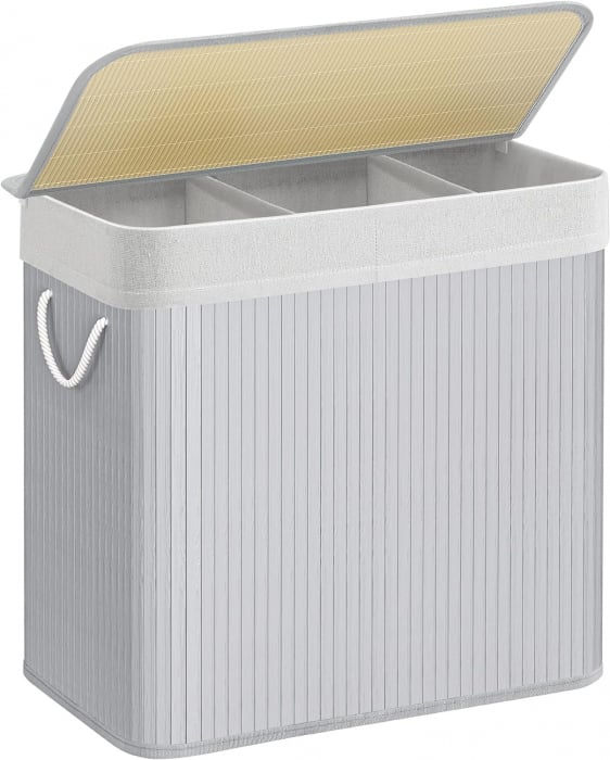 Cos de rufe pliabil din bambus , 3 sectiuni , capacitate 150 L , cu capac si manere laterale , 60 x 40 x 61,5 cm  , gri [9]