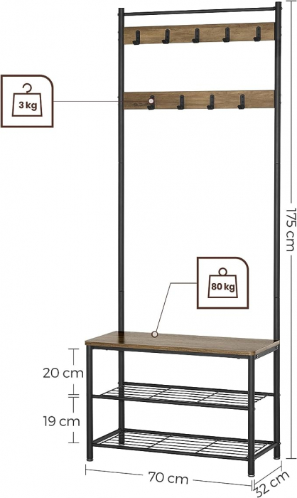 Cuier pentru haine cu banca , inaltime 175 cm, stil industrial , Nuc/Negru [5]
