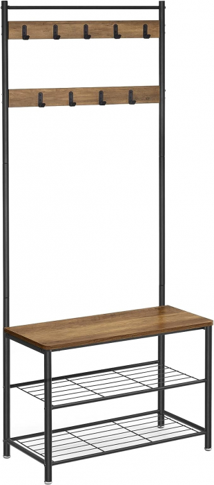 Cuier pentru haine cu banca , inaltime 175 cm, stil industrial , Nuc/Negru [4]