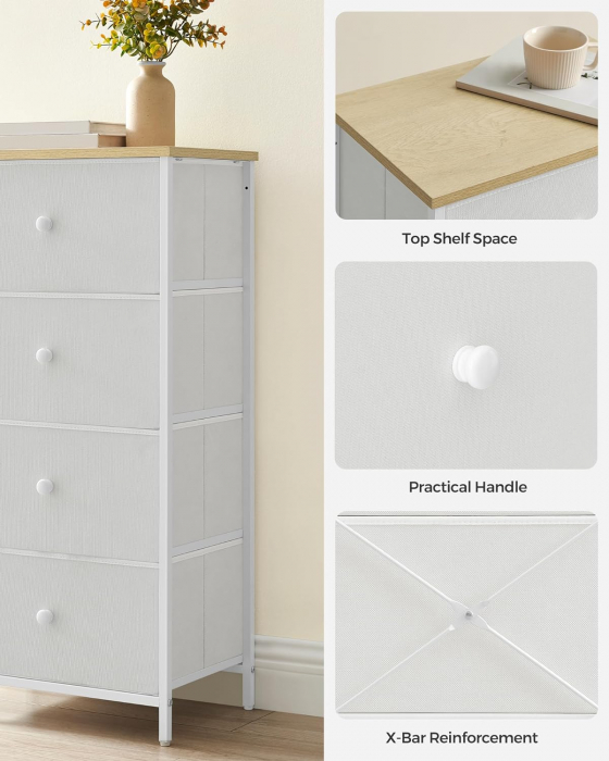 Dulap de depozitare cu 4 sertare , MDF , manere din lemn  , 30 x 45 x 91,7 cm , alb/stejar [5]