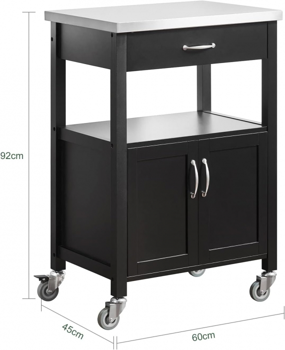 Dulap de depozitare portabil pentru bucatarie din lemn de pin , tip insula , cu blat din inox , L 60 x A 45 x H 92cm , negru /inox [8]