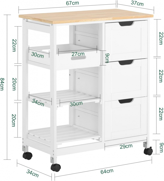 Dulap de depozitare portabil pentru bucatarie din lemn de pin , tip insula , cu blat din lemn de arbore de cauciuc , 68 x 38 x 85 cm , alb / natur [7]