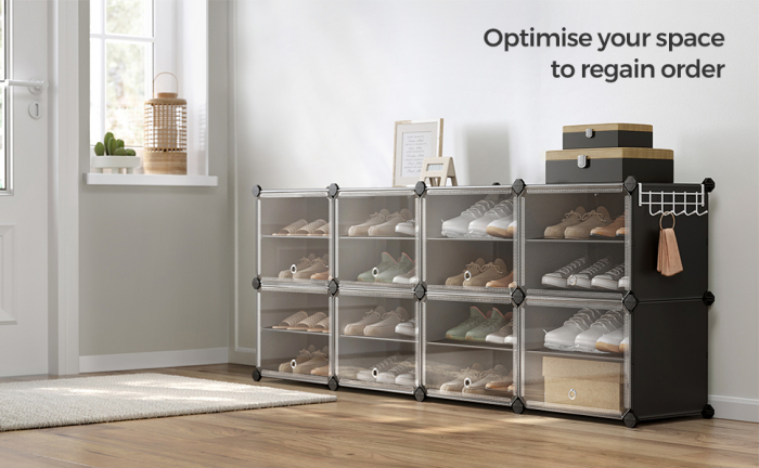 Dulap modular de depozitare din plastic cu 8 compartimente cu usa si carlige laterale  , 30 x 40 x 30 cm , negru / transparent [2]