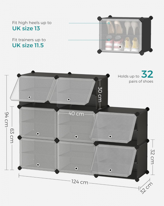 Dulap modular de depozitare din plastic cu 8 compartimente cu usa si carlige laterale  , 30 x 40 x 30 cm , negru / transparent [5]
