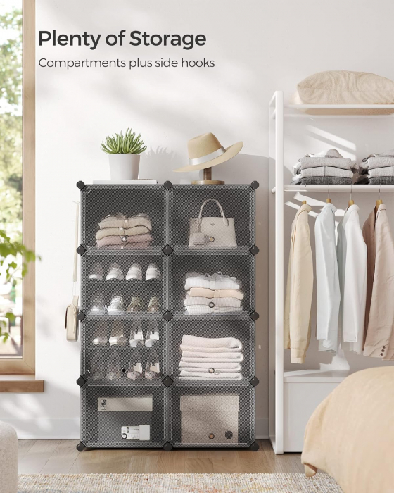 Dulap modular de depozitare din plastic cu 8 compartimente cu usa si carlige laterale  , 30 x 40 x 30 cm , negru / transparent [3]