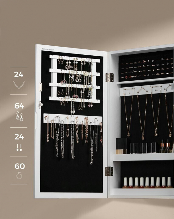 Dulap suspendat cu oglinda pentru organizarea bijuteriilor , MDF , 37 x 10 x 67 cm , alb [5]