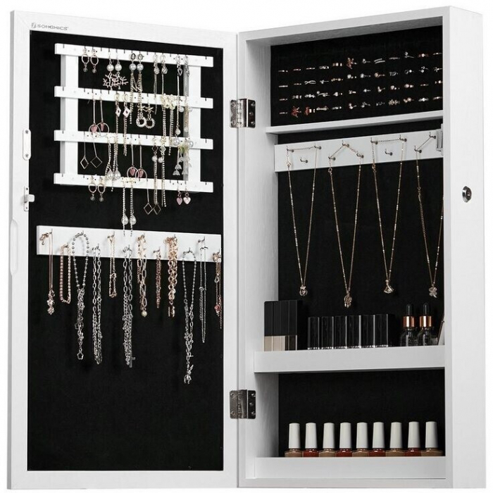 Dulap suspendat cu oglinda pentru organizarea bijuteriilor , MDF , 37 x 10 x 67 cm , alb [6]