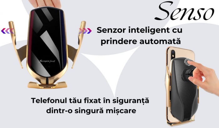 Incarcator auto wireless cu incarcare rapida , 10W, suport telefon cu  senzor Inteligent, prindere automata, rotire 360°, compatibil cu iPhone/Samsung/telefoane Qi , auriu [4]