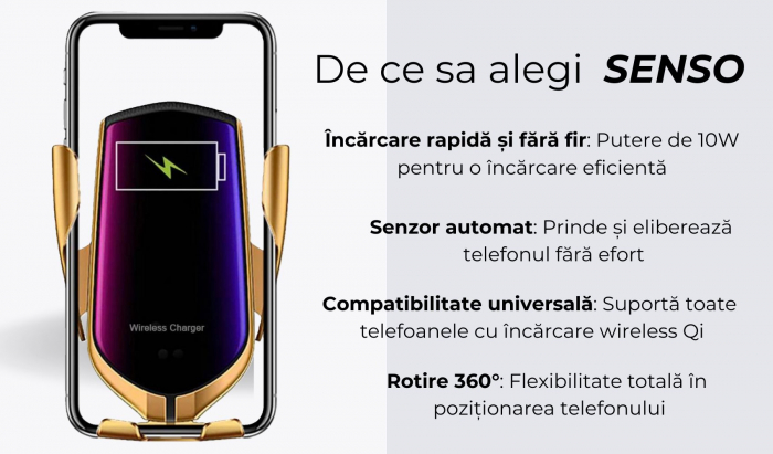 Incarcator auto wireless cu incarcare rapida , 10W, suport telefon cu  senzor Inteligent, prindere automata, rotire 360°, compatibil cu iPhone/Samsung/telefoane Qi , auriu [2]