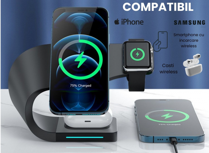 Incarcator wireless 4 in 1 PowerHub, Statie de incarcare Fast Charge 15W , Incarcare rapida  a telefonului , smartwatchului  si al castilor wireless ,Incarca toate modelele de telefoane care au functi [4]