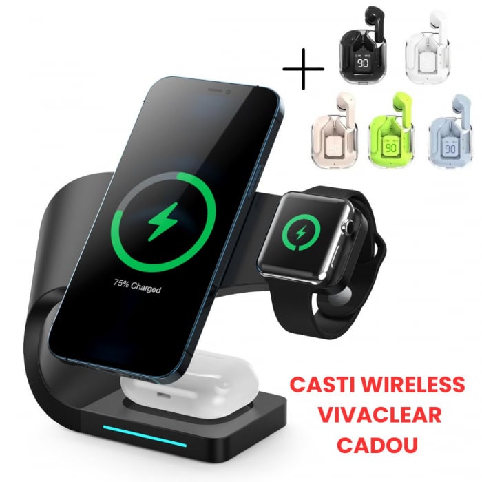 Incarcator wireless 4 in 1 PowerHub, Statie de incarcare Fast Charge 15W , Incarcare rapida  a telefonului , smartwatchului  si al castilor wireless ,Incarca toate modelele de telefoane care au functi [2]