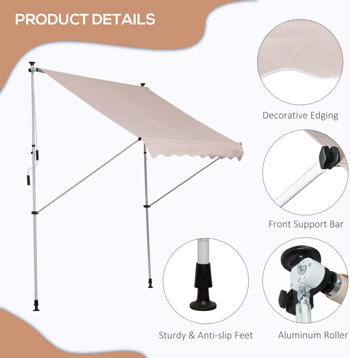 Marchiza / Copertina retractabila cu manivela , 2 x 1.5 m, inaltime reglabila 170-280 cm , crem [9]