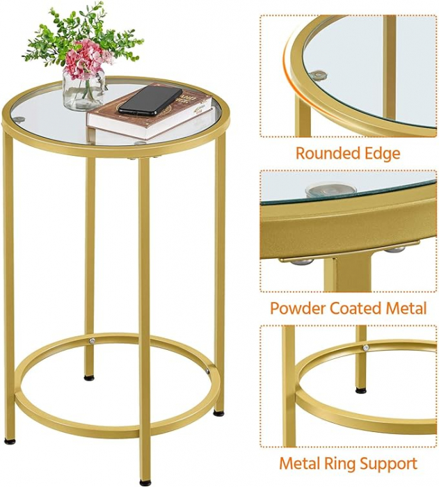 Masa de cafea pentru living , cadru metalic auriu, blat sticla securizata , 41 cm diametru , 61 cm inaltime , metal ,auriu [5]