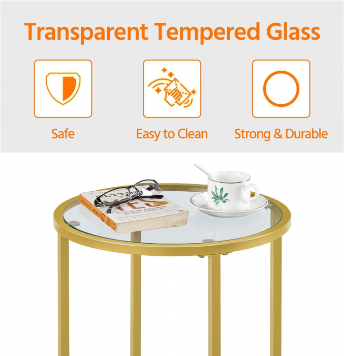 Masa de cafea pentru living , cadru metalic auriu, blat sticla securizata , 41 cm diametru , 61 cm inaltime , metal ,auriu [4]