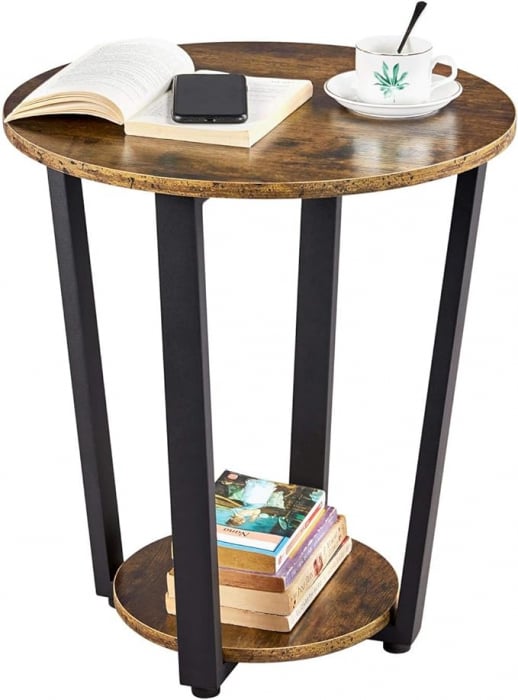 Masa de living rotunda , cu raft de depozitare ,stil industrial , cadru metalic ,diametru 50 cm ,  mdf , maro vintage [4]