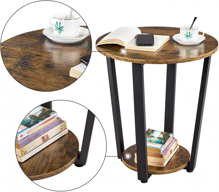 Masa de living rotunda , cu raft de depozitare ,stil industrial , cadru metalic ,diametru 50 cm ,  mdf , maro vintage [5]