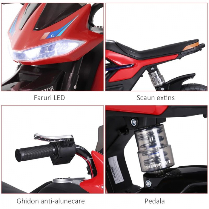 Motocicleta electrica cu suspensie dubla , faruri led si stopuri luminate , roti antialunecare , roti ajutatoare suplimentare pentru incepatori , slot card , mp3 si usb , rosu [4]