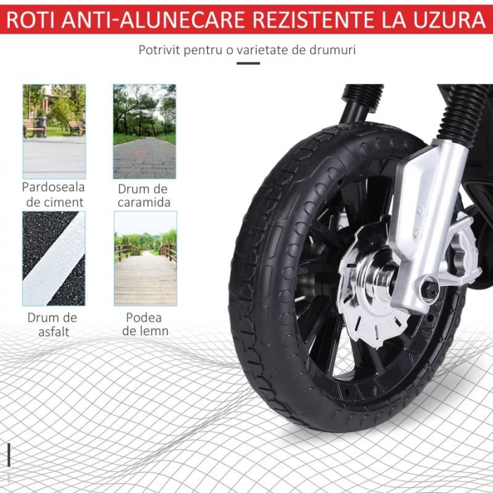 Motocicleta electrica cu suspensie dubla , faruri led si stopuri luminate , roti antialunecare , roti ajutatoare suplimentare pentru incepatori , slot card , mp3 si usb , rosu [9]