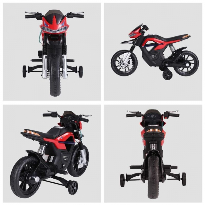 Motocicleta electrica cu suspensie dubla , faruri led si stopuri luminate , roti antialunecare , roti ajutatoare suplimentare pentru incepatori , slot card , mp3 si usb , rosu [3]