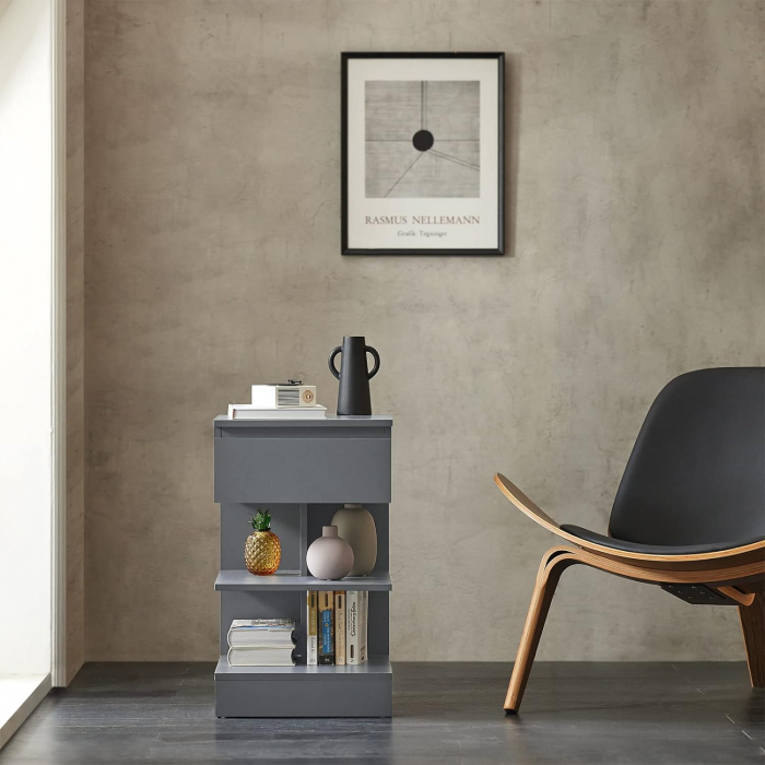 Noptiera cu 1 sertar si 3 rafturi , MDF , 39 x 65 x 39 cm , gri [9]
