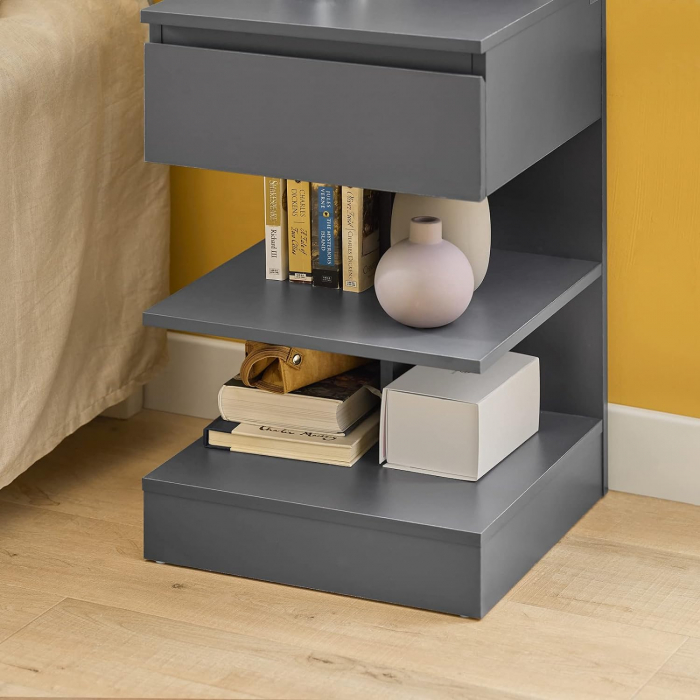 Noptiera cu 1 sertar si 3 rafturi , MDF , 39 x 65 x 39 cm , gri [4]
