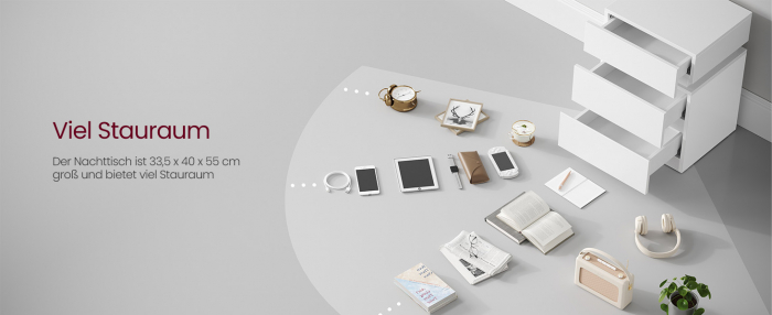 Noptiera cu LED incorporat cu 25 de culori disponibile , 6 niveluri de intensitate , 3 sertare , PAL , 35 x 40 x 55 cm , alb [5]