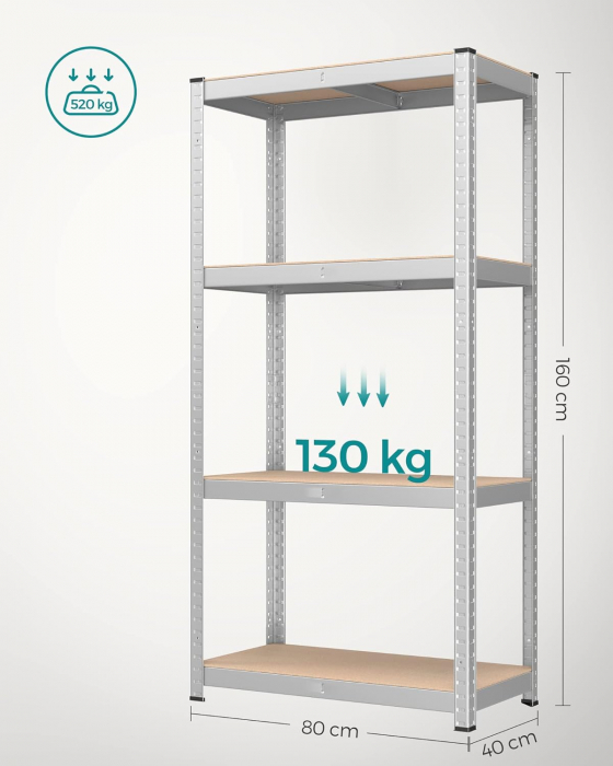 Raft 4 polite pentru depozitare , asamblare fara suruburi , capacitate de încărcare 520 kg, 40 x 80 x 160 cm, argintiu , gri [6]