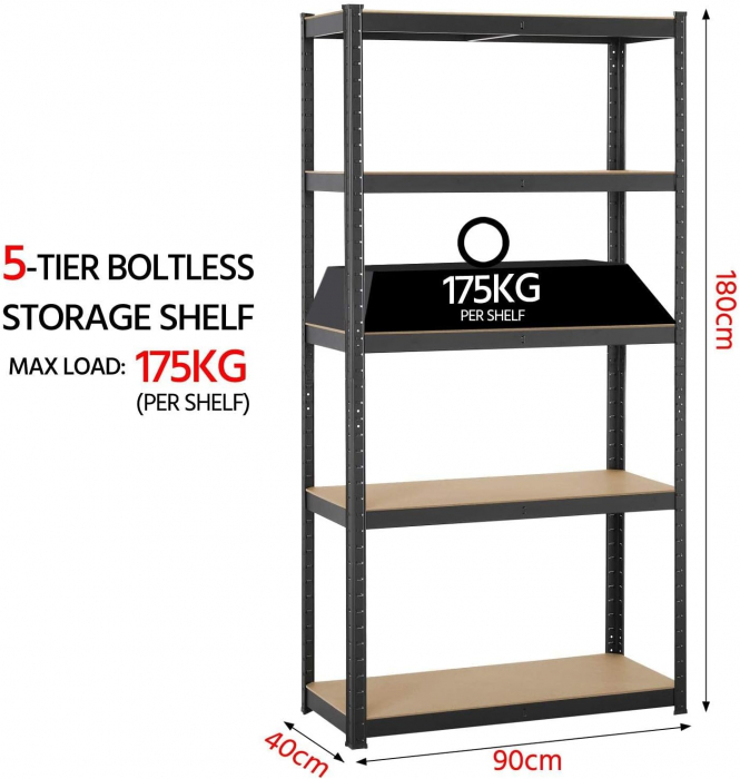 Raft de depozitare industrial cu 5 polite reglabile , sustine pana la 175 kg per polita , asamblare fara suruburi , 153 x 75 x 30 cm , negru [8]