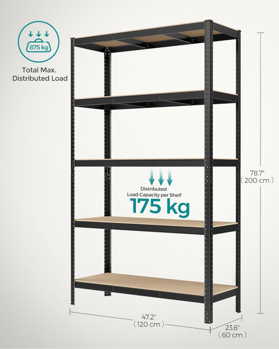 Raft metalic pentru depozitare cu 5 polite reglabile  , 60 x 120 x 200 cm (L x l x H), sustine pana la 875 kg , metal , negru [4]
