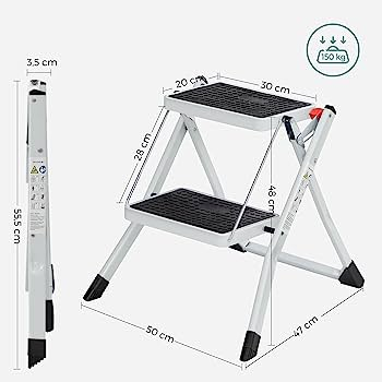 Scară cu 2 trepte, oțel rezistent, pliabilă, portabilă cu covoraș anti-alunecare Max. Capacitate de încărcare de până la 150 kg Testat și certificat de TÜV Rheinlan [8]