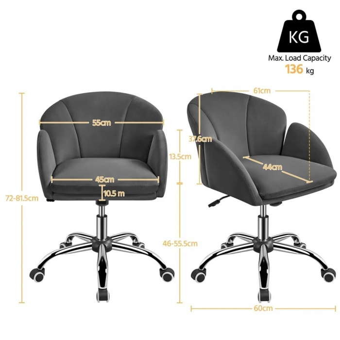 Scaun de birou catifea , reglabil , captuseala din spuma ,  60x61x82 cm , gri [6]